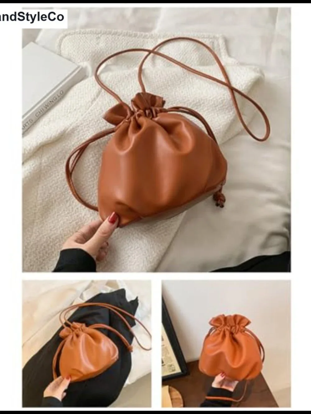 Small Faux Leather Drawstring Bucket Bag Crossbody Hobo Satchel Purse